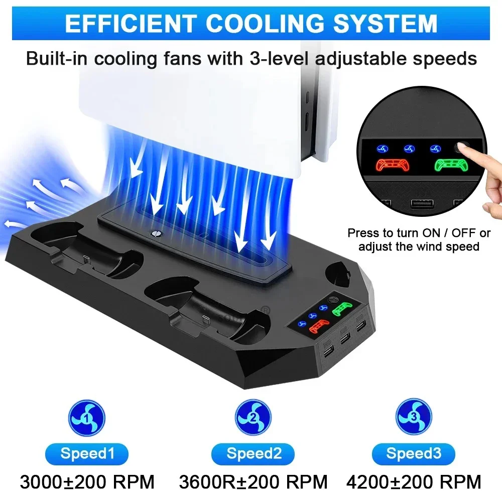 PS5 Pro/PS5 Slim/PS5 스탠드(헤드폰 후크 포함) 냉각 스탠드 컨트롤러 충전 스테이션(P5용 3레벨 냉각 팬 포함)