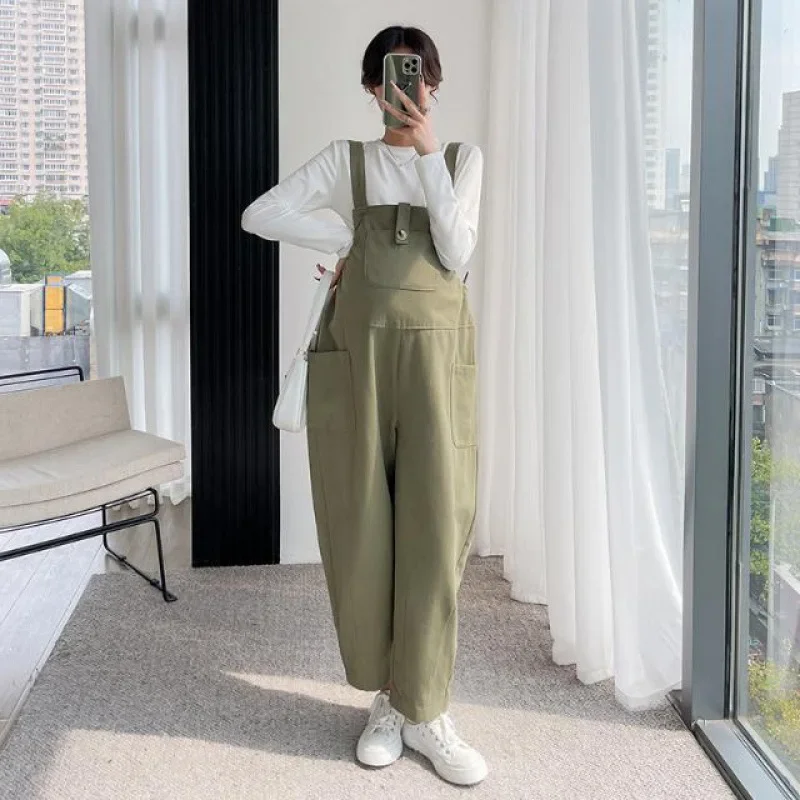 용수철 여성용 루즈핏 임산부 작업복 바지, 캐주얼 바지, 녹색 턱받이 바지, 임산부 의류 세트, 2024 새로운 스타일