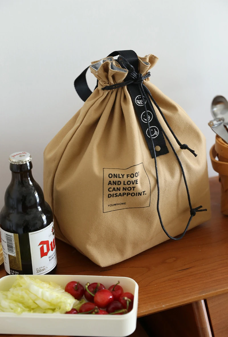 Insulated Bento Bag Wide Opening Canvas Cotton Drawstring Lunch Box food Storage School Handbag Picnic Camping Kitchen Accessories bags in khaki beige yellow