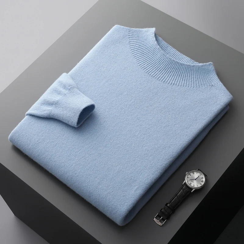 Autumn and winter new men's 100% beautiful slave pure wool semi-high collar solid color knitted business cashmere sweater top
