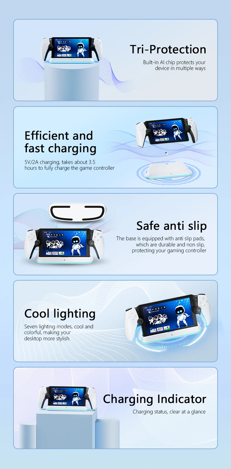 HONCAM Charging Dock Station for PlayStation Portal 7 RGB Light Modes Console Charger Stand with Tri-Protection Safety charging