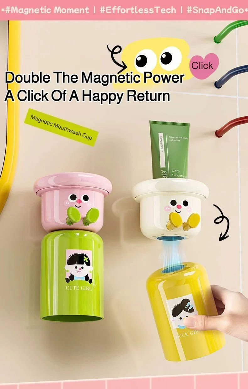 Cartoon Magnetic Toothbrush Holder Wall Mounted Bathroom Cup Organizer_voghion.com