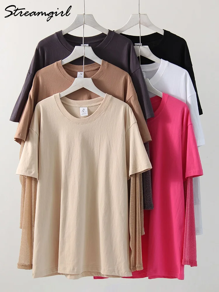 Oversize T Shirt Women Transparent Long Sleeve White Mesh Tops