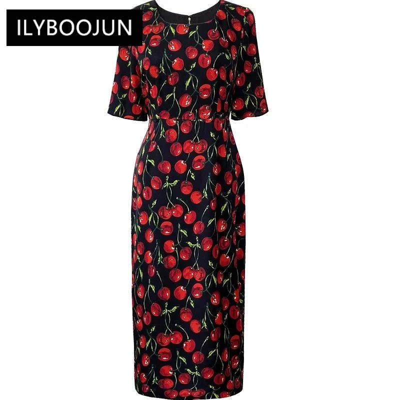 

Autumn Silk Pencil Dress Square Collar Short Sleeve Cherry Print Party Package Buttocks Dresses For Women 2023 Luxury Brand