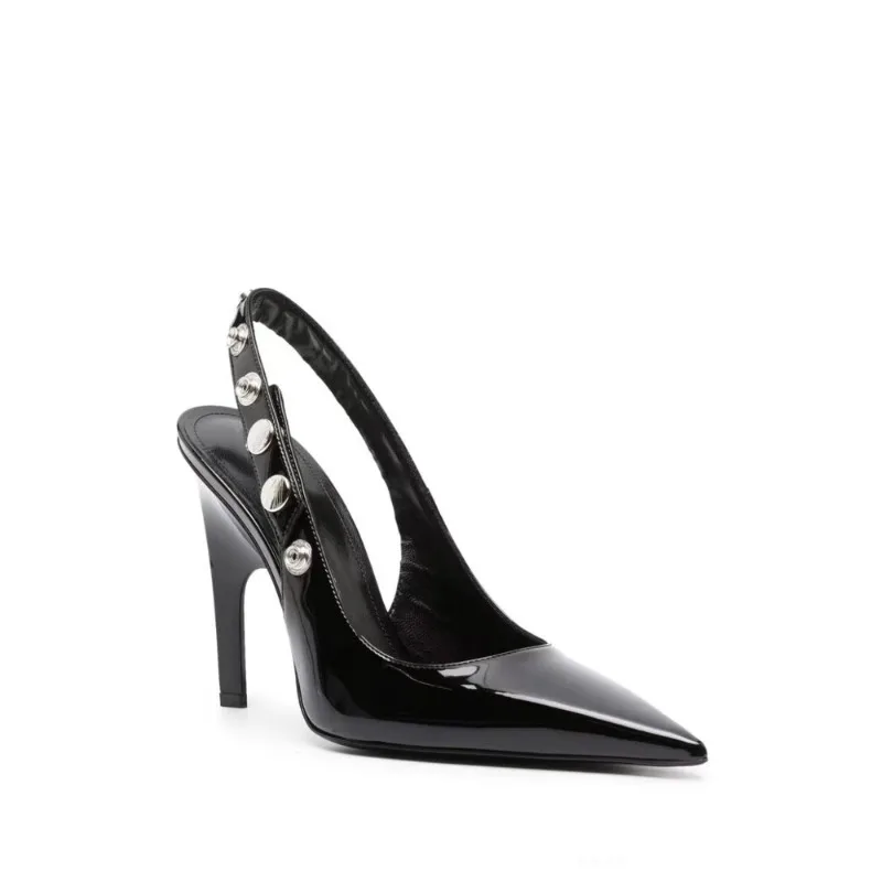 

2024 Pointed Rivet Black Lacquer Leather Sandals 9cm Slim Heel Fashion Banquet Women's Sandals New Office Single Shoes 34-43