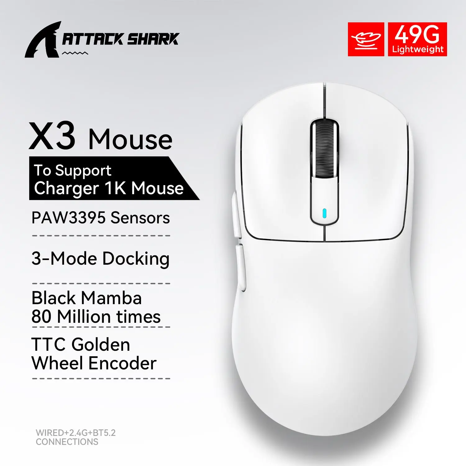 マクロゲーム用のBluetoothマウス,攻撃shark x3,軽量,ピクセルアート,paw3395,26000dpi,650ips,トライモード接続,49g