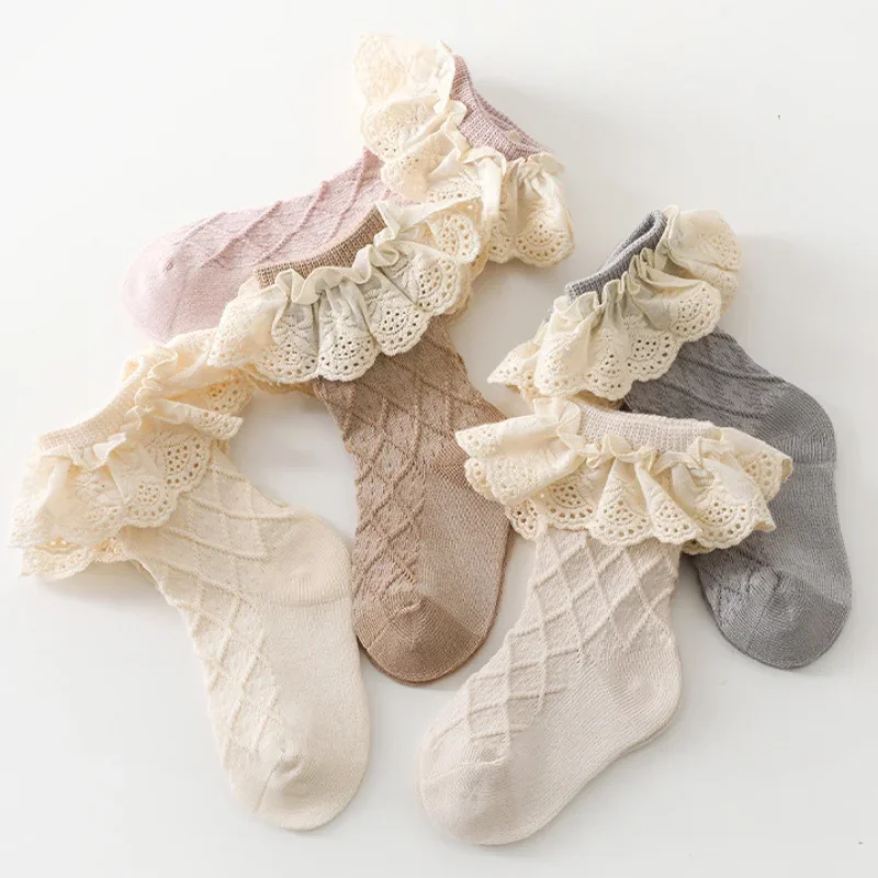 

New 2023 Fashion Newborn Toddlers Girls Ruffled Socks Frilly Cotton Ankle Socks with Lacework Decoration 0-2 Years Old