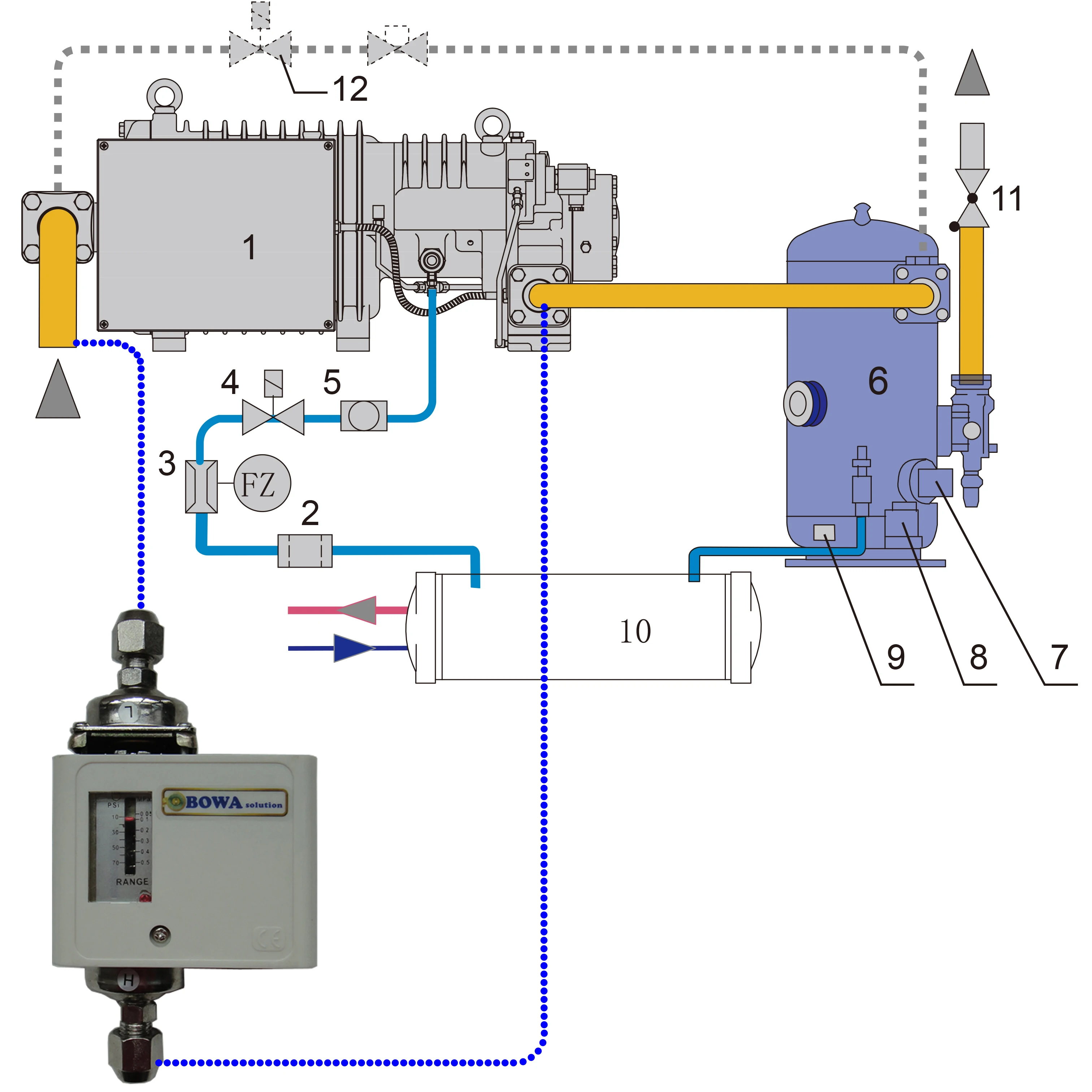 

50m head differential Pressure switch gives on/off output for water pump or bypass solenoid/motorized valve for system safety