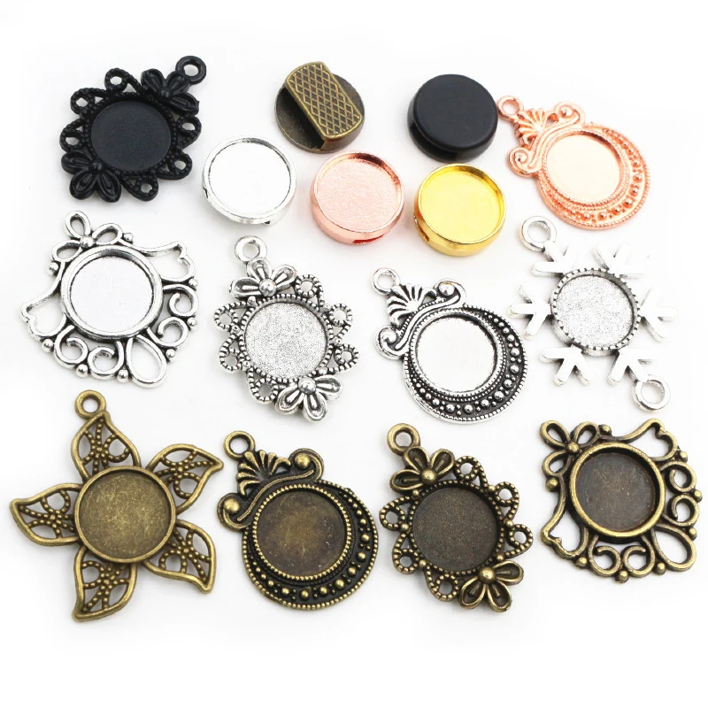 20 stücke 12mm Innere Größe Antike bronze Schwarz Silber Überzogene Mode Stil Cabochon Basis Cameo Einstellung Charms Anhänger
