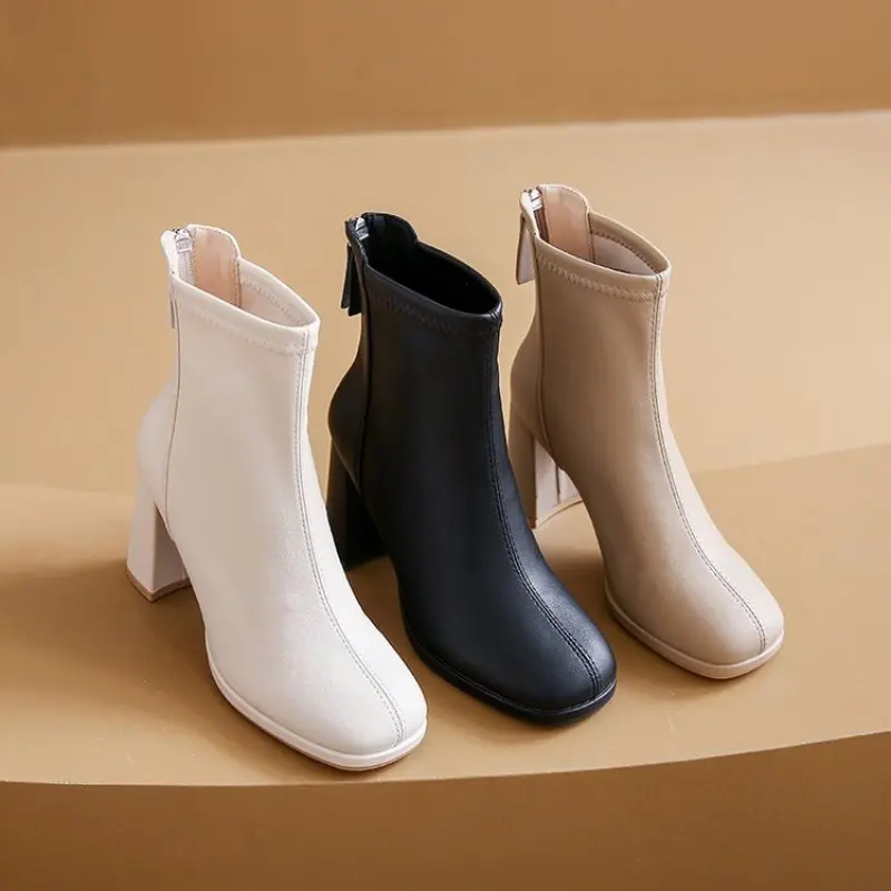 Women's Back Zipper Beige High Heels Ankle Boots Winter New Female Square Toe Chelsea Boots High Quality Mid Heel Short Botines