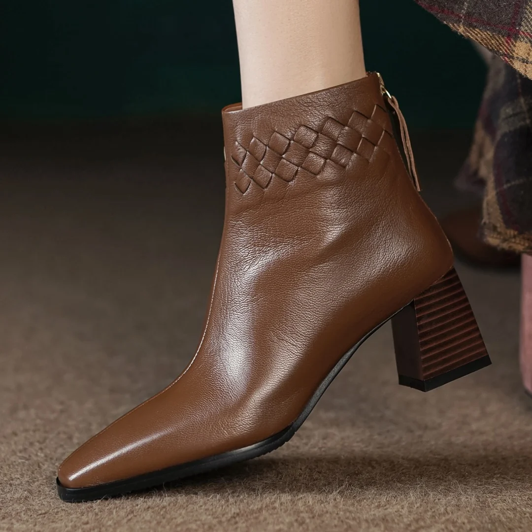 

Женские ботильоны из натуральной кожи на молнии сзади, осенние ботинки на толстом среднем каблуке 6 см, элегантные женские Узкие повседневные классические короткие ботинки, женская обувь