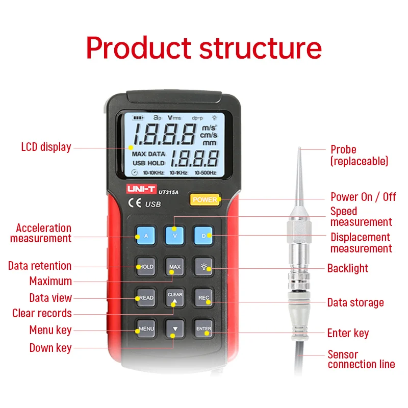 UNI-T UT315A Digital Vibration Testers Vibration Acceleration Velocity Displacement Measurement USB Connect PC Soft 5