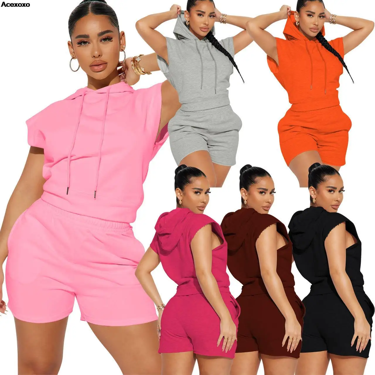 

Summer new women's fashion casual solid color sleeveless sports hooded two-piece set