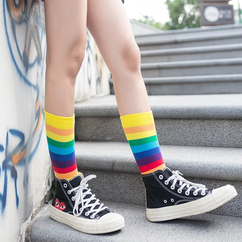6/7 Pairs Klassische Frauen Socken Regenbogen Socken Gestreiften Elastizität Weibliche Baumwolle Socken Retro Atmungsaktive Casual Harajuku Crew Socken – Detail 13