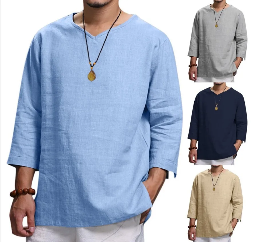 

Cotton Linen Shirt Men Blouse Office Casual Loose Three Quarter Men Dress Shirt Plus Size Male Shirt Chemise Solid Shirt Men