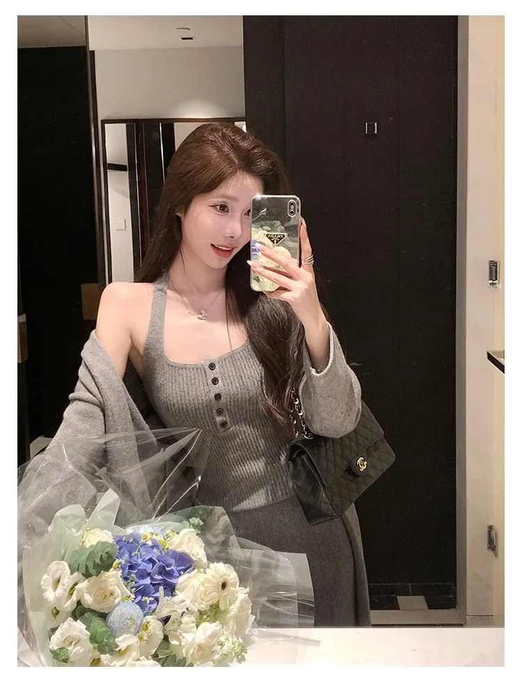 Conjunto de 3 piezas de punto para mujer, chaleco con cuello halter, cárdigan largo, pantalones largos, ropa informal lisa de moda coreana, otoño e invierno, nuevo