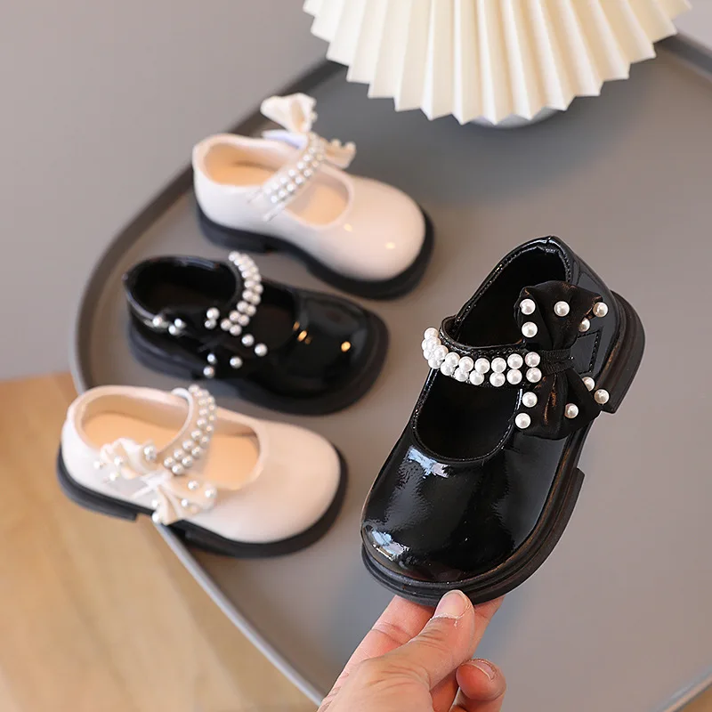 

Girl Autumn Shoes Concise Style All-match PU Children Mary Janes Black White Pearl Fashion School Daily Kid Glossy Leather Shoes