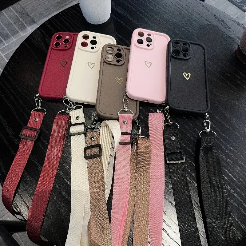 Luxury Gold Heart Phone Case with Adjustable Hanging Rope