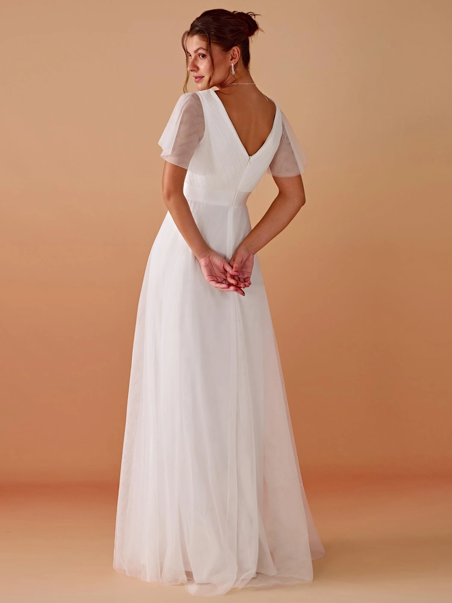 MisShow Elegant Wedding Dresses Ivory White Sexy V-Neck Backless Sheer Short Sleeve Bridal Gowns A-Line Maxi Womens Party Dress 2