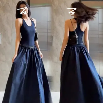 Spaghetti Strap Dresses for Women Solid All-Match Casual Sleeveless Long Dress Ladies Korean Fashion Off Shoulder Party Vestidos 1