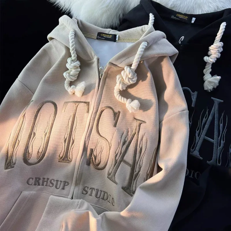 

American New Street Fashion Retro Letter Embroidered Cardigan Hooded Sweater Y2K Casual Joker Loose Zipper Hooded Women Coat Top