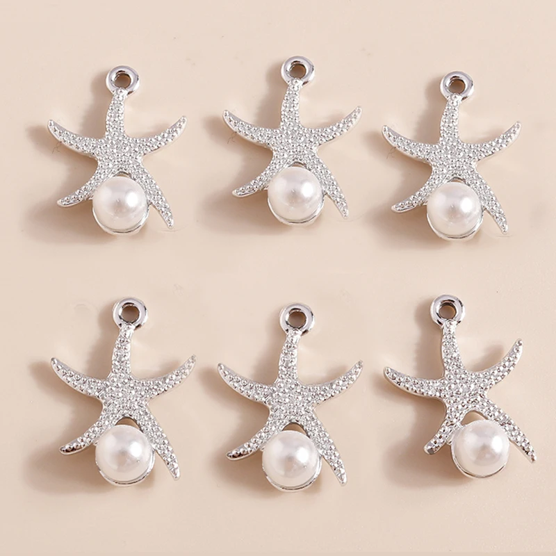 10 Stück 21*15mm glänzende silberfarbene Perlen-Seestern-Anhänger für Halsketten, Ohrringe, Zubehör, DIY-Schmuckherstellung