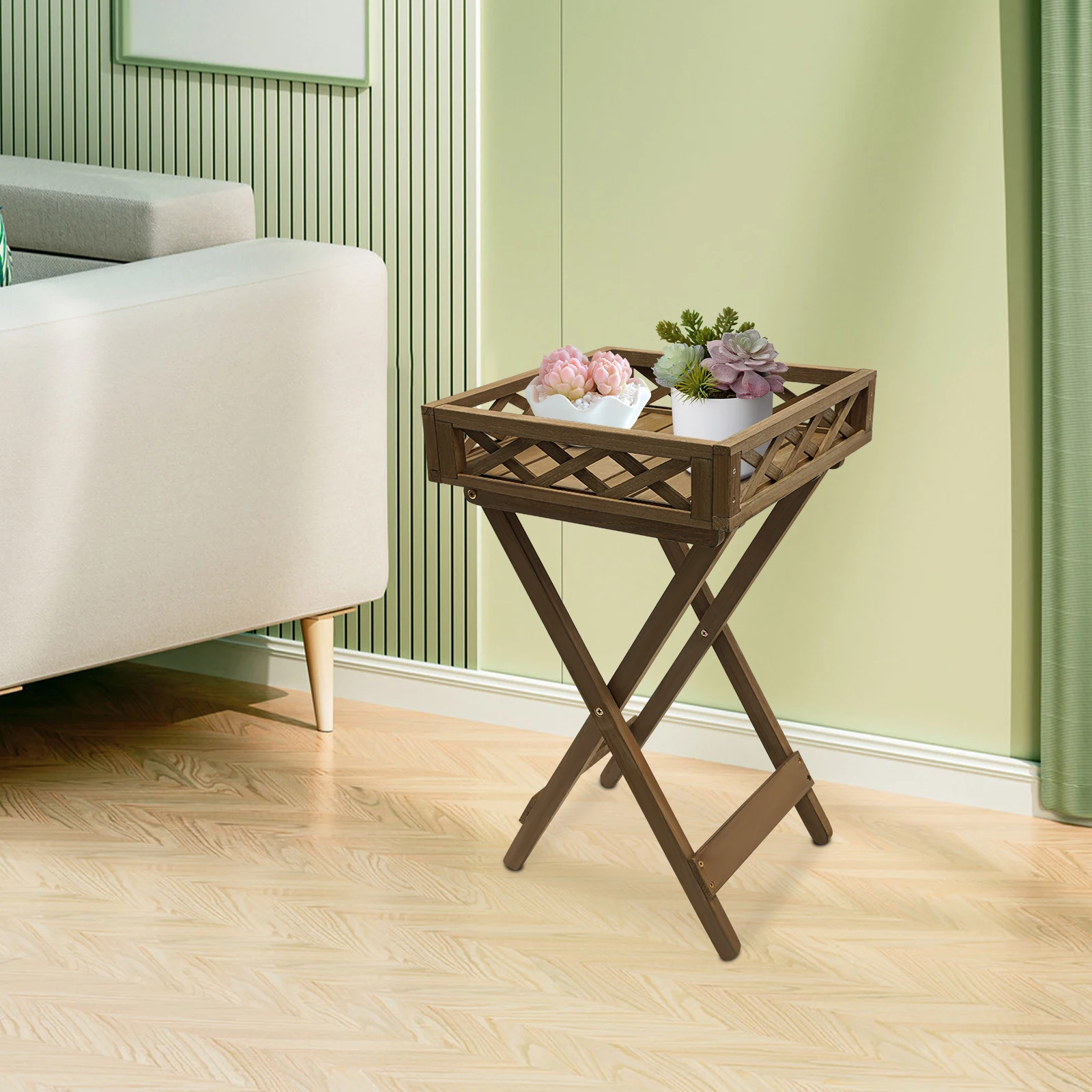 15.7*15.7*3.5in Solid Wood Folding Flowerpot, Flower Rack, Storage Rack, Plant Bracket, Plant Rack 20kg-Coffee Color