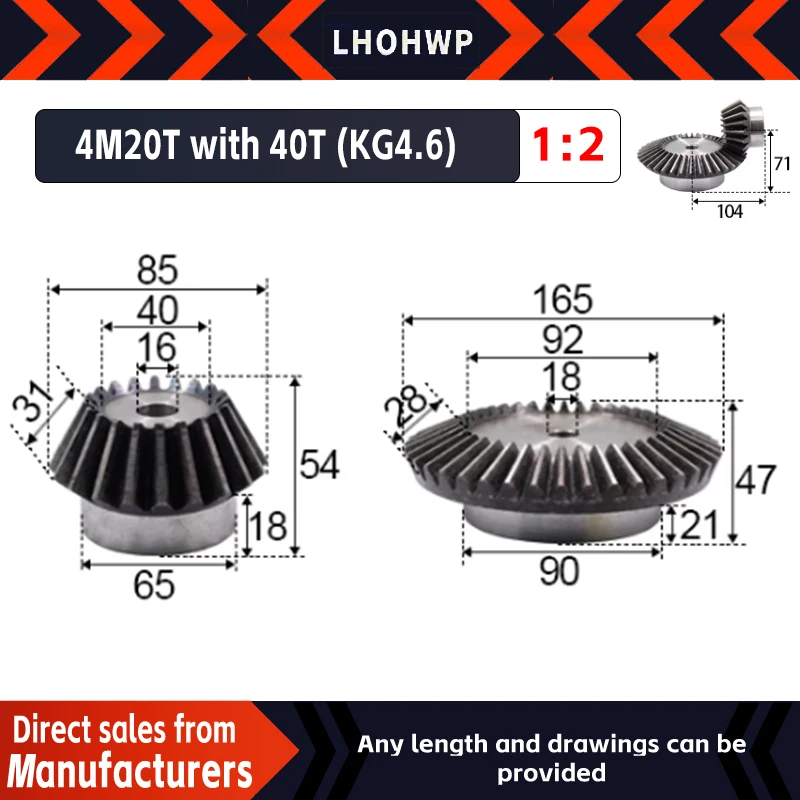 

2pcs 1:2 Bevel Gear 4 Modulus 20Teeth +40Teeth Inner Hole 18mm 90 Degree Drive Commutation Steel Gears Steel Gears Screw M5