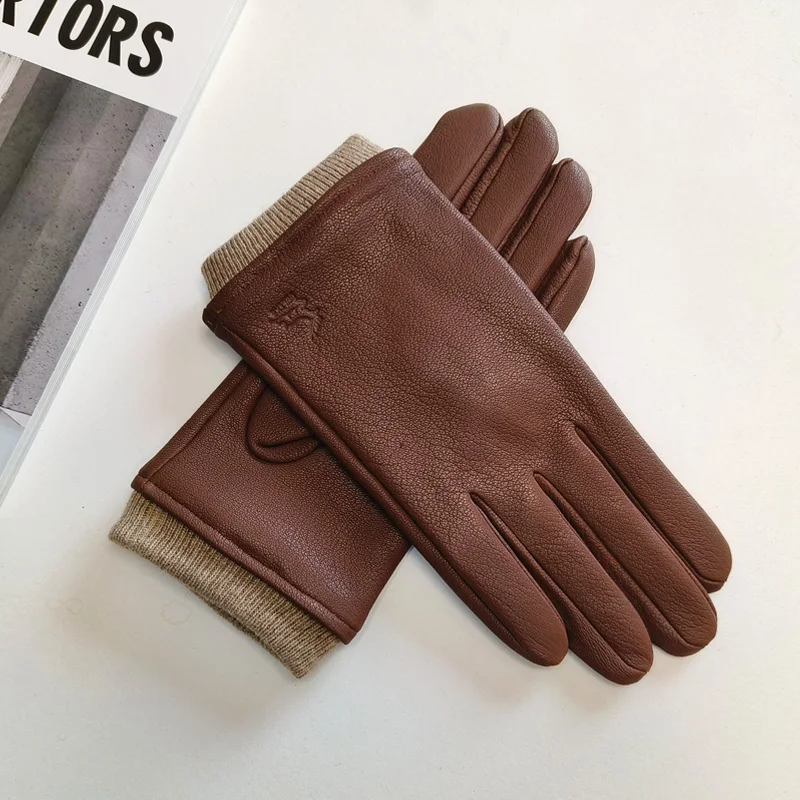 Men's Deer Skin Gloves Warm Wool Knitted Driving Cycling Leather Gloves