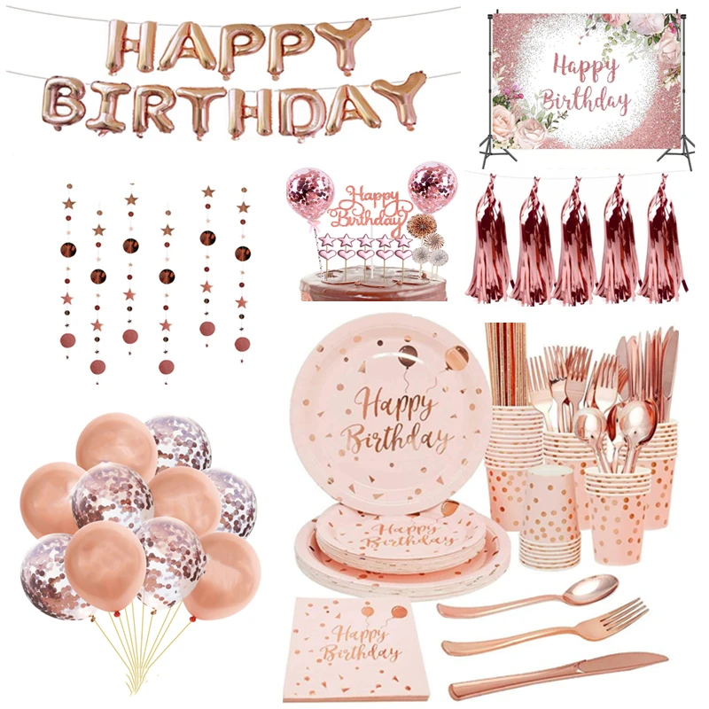 

Rose Gold Birthday Party Decorations Disposable Tableware Paper Plates Cup Girls Rose Gold Party Supplies