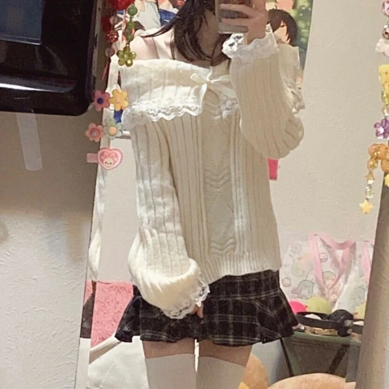 Pretty Cute Outfits Harajuku Cosplay Sweater Kawaii Lace Trim Off Shoulder Pullovers Y2K Aesthetic Vintage Long Sleeve Jumpers 4