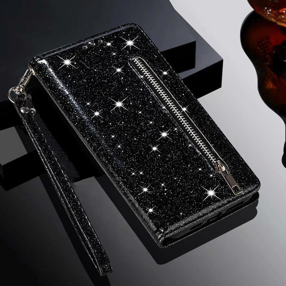 Glitter Zipper Wallet Phone Case with Kickstand, Strap, Card Pocket, and Bumper Protection