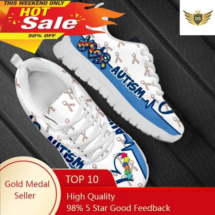 Autism Awareness Patterns Mesh Sneakers Fo Women Autumn Spring Lace Up Flat Shoes Female Casual Footwear Zapatillas