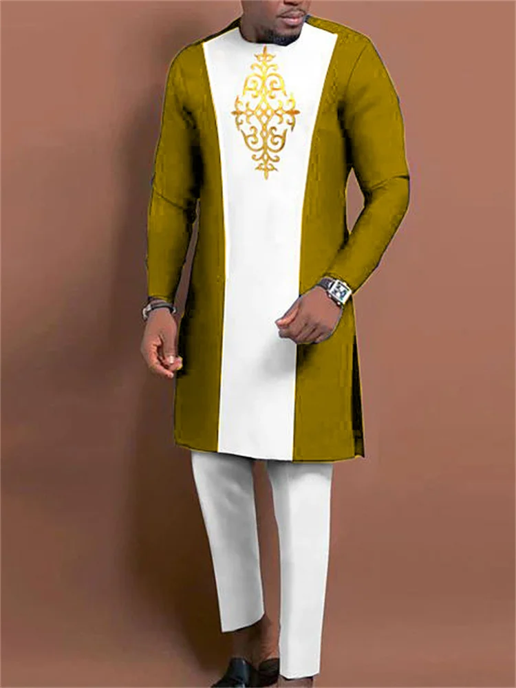 Men's casual white navy printed long sleeve two-piece set