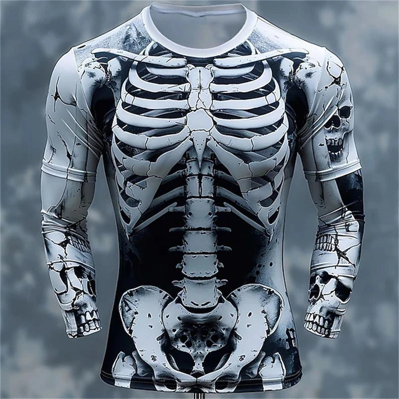 

3D Print Skeleton Skulls Pattern T Shirts Men Long Sleeve Casual Fashion T-shirt Top Sweatshirt Breathable Streetwear Loose Tees