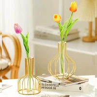 1pc Iron Art Hollow Out Golden Vase Creative Metal Bottle Flower Arrangement with Transparent Hydroponic Test Tube Home Decor 1