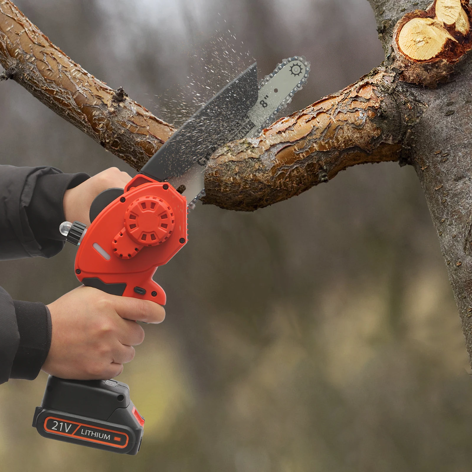 8 Zoll Mini-Kettensäge Akkubetriebene Elektrische Kettensäge 800W Bürstenloser Motor 21V 2 Akkus für Gartenpflege Holzschneiden – Detail 2