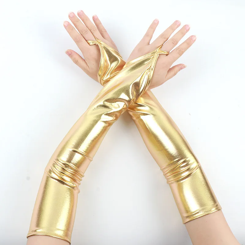48cm Womens Lacquer Leather Hook Finger Long Gloves Cosplay Nightclub Pole Dance Performance Sexy Fingerless Mittens Accessory