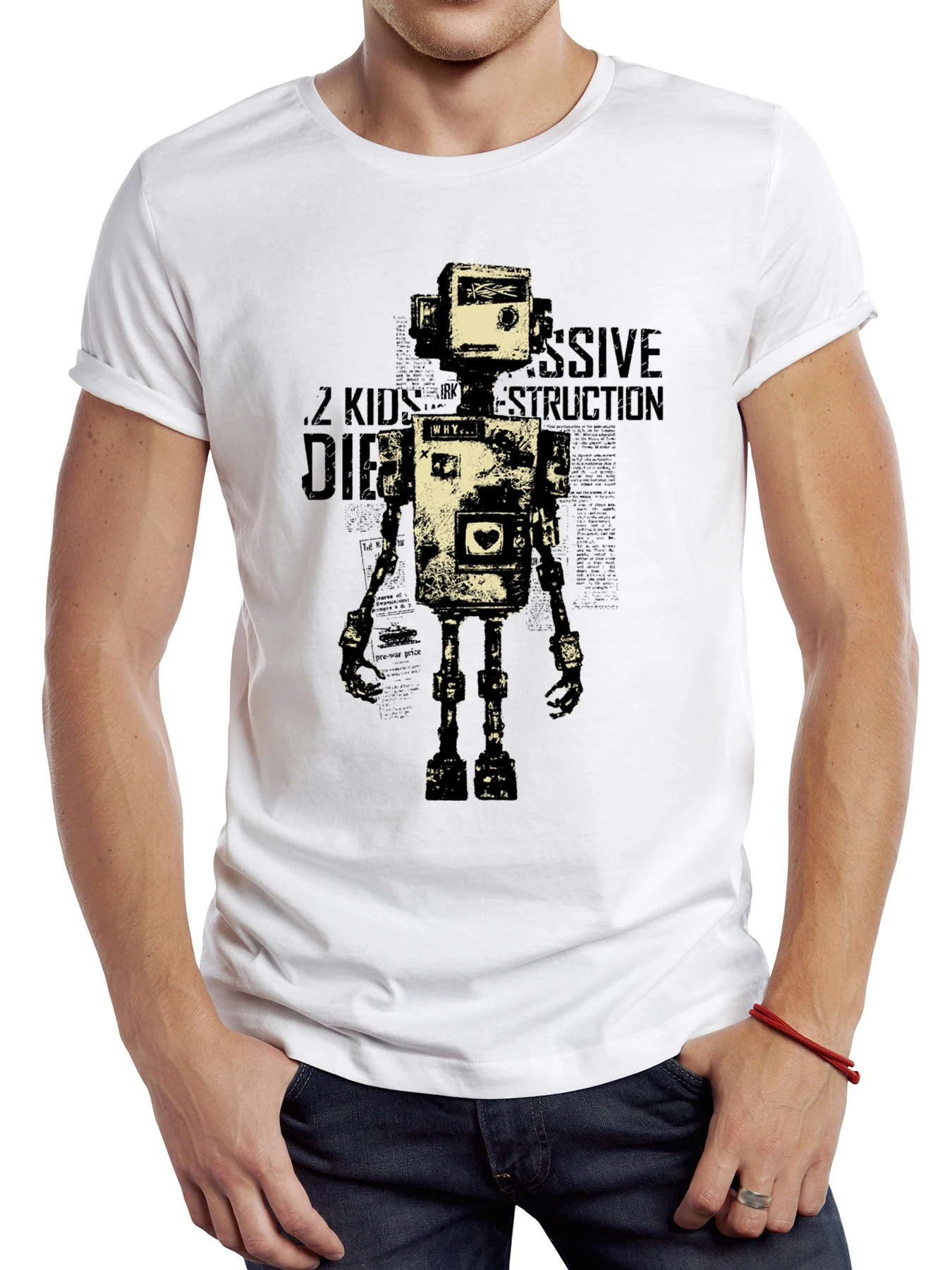 Teehub Vintage Roboter Männer T-Shirt Grafik Streetwear Kurzarm Sport Tops Retro Punk-Stil T-Shirt