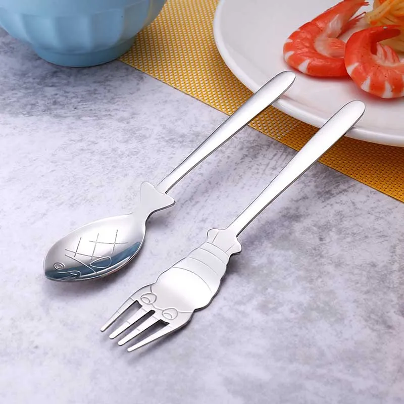 Fish Head 304 Stainless Steel Spoon Shrimp Fork Children's Tableware Portable Picnic Cutlery Home Kitchen Dinnerware