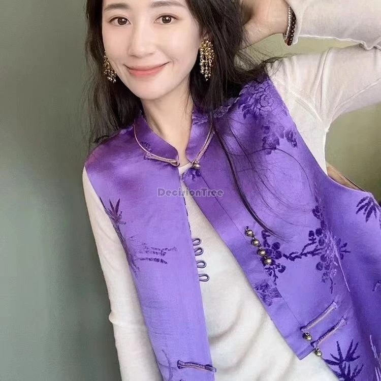 chinese style new purple printed disc buckle printed sleeveless stand collar vest retro fashion style women daiy vest b251