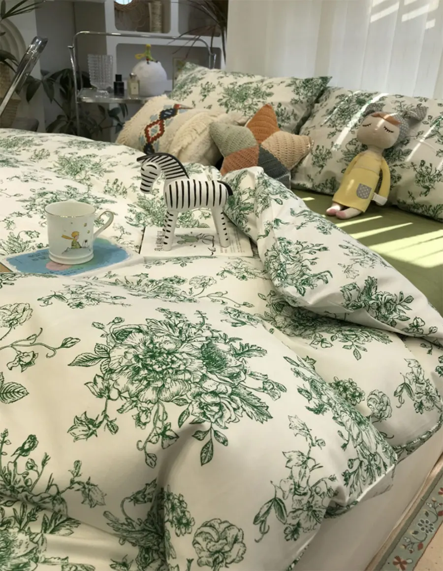 

Pastroal rustic flower green bedding set,1.2 1.5 1.8 cotton twin full queen king home textile flat sheet pillow case quilt cover