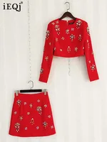 Iqj-مجموعات تصميم الماس بلصق أحادي اللون للنساء ، رقبة مستديرة ، أكمام طويلة ، معطف قصير ، تنورات عالية الخصر ، أنثى ، ربيع ، 36A130 1