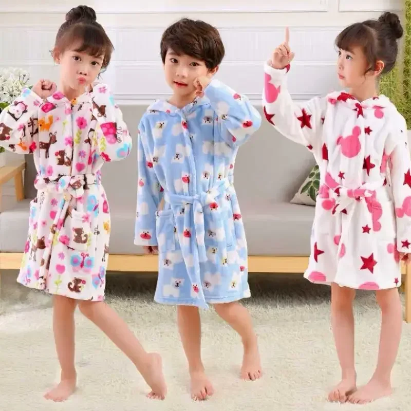Toddler Baby Boys Girls Hooded Thick Warm Flannel Bathrobe Night-robe Pajamas