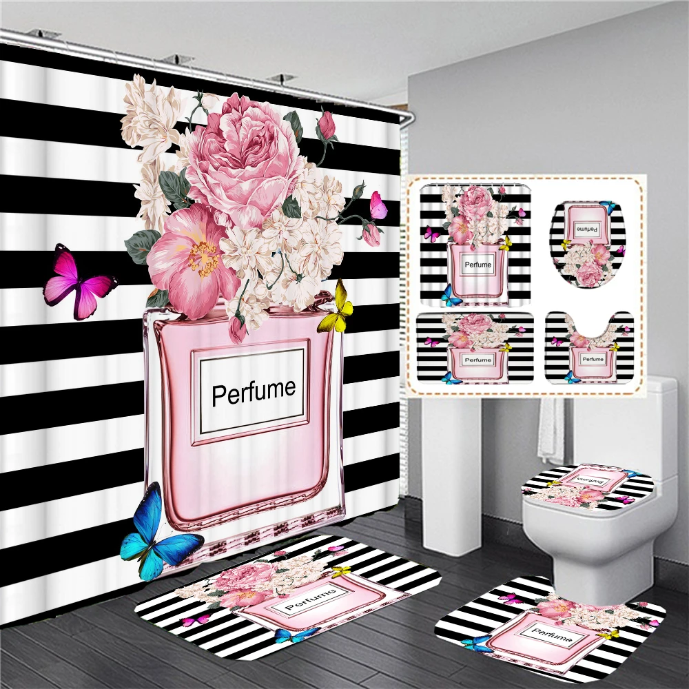 

Luxury Perfume and Flower Printed Shower Curtain 4 Pieces Set With Hooks Bathroom Decor Waterproof Bath Curtain Mat Toilet Lid