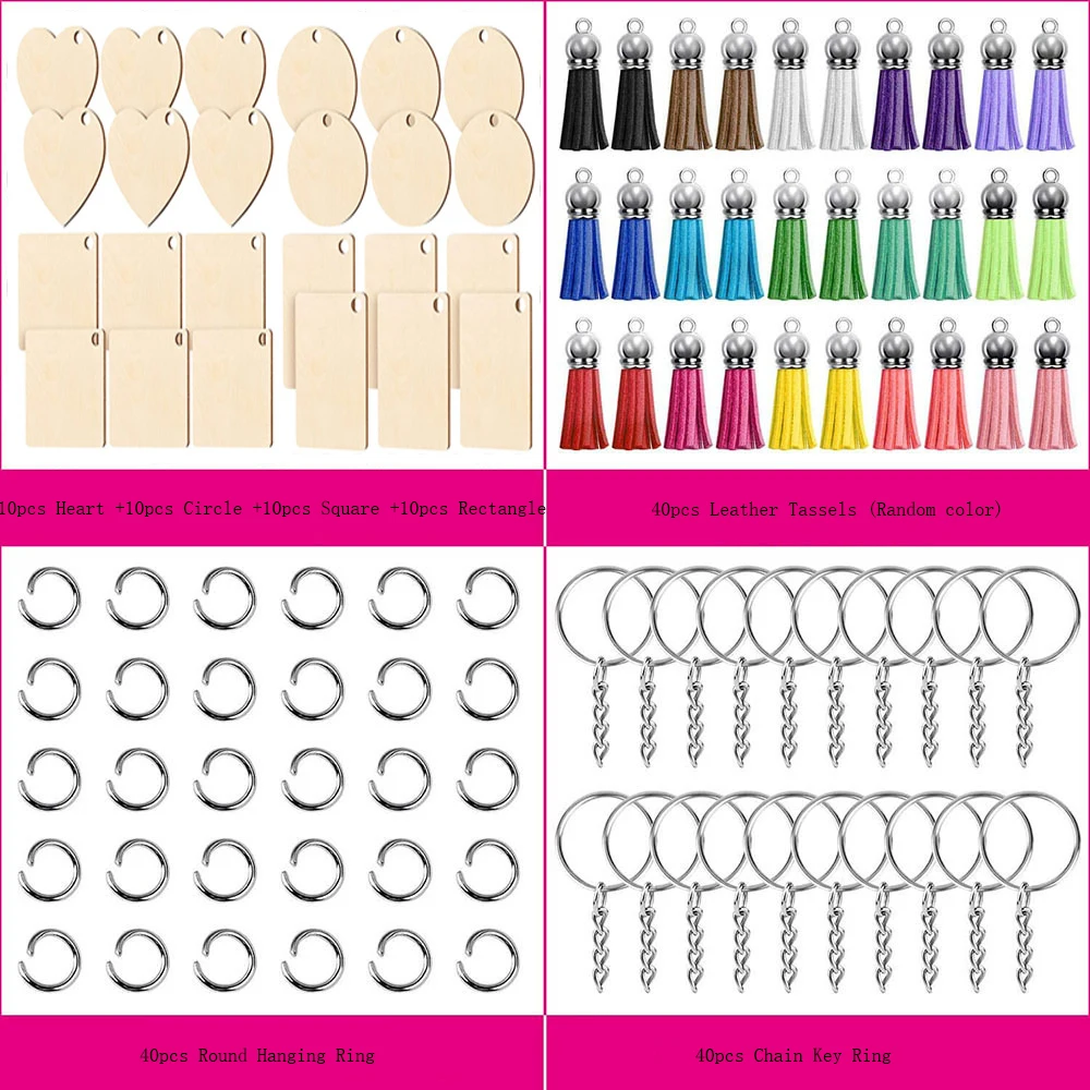 160Pcs Sublimation Blank Keychain Unfinished Wood Keychains Key Ring Jump Ring Tassels for Ornament Making DIY Art Craft Supplie