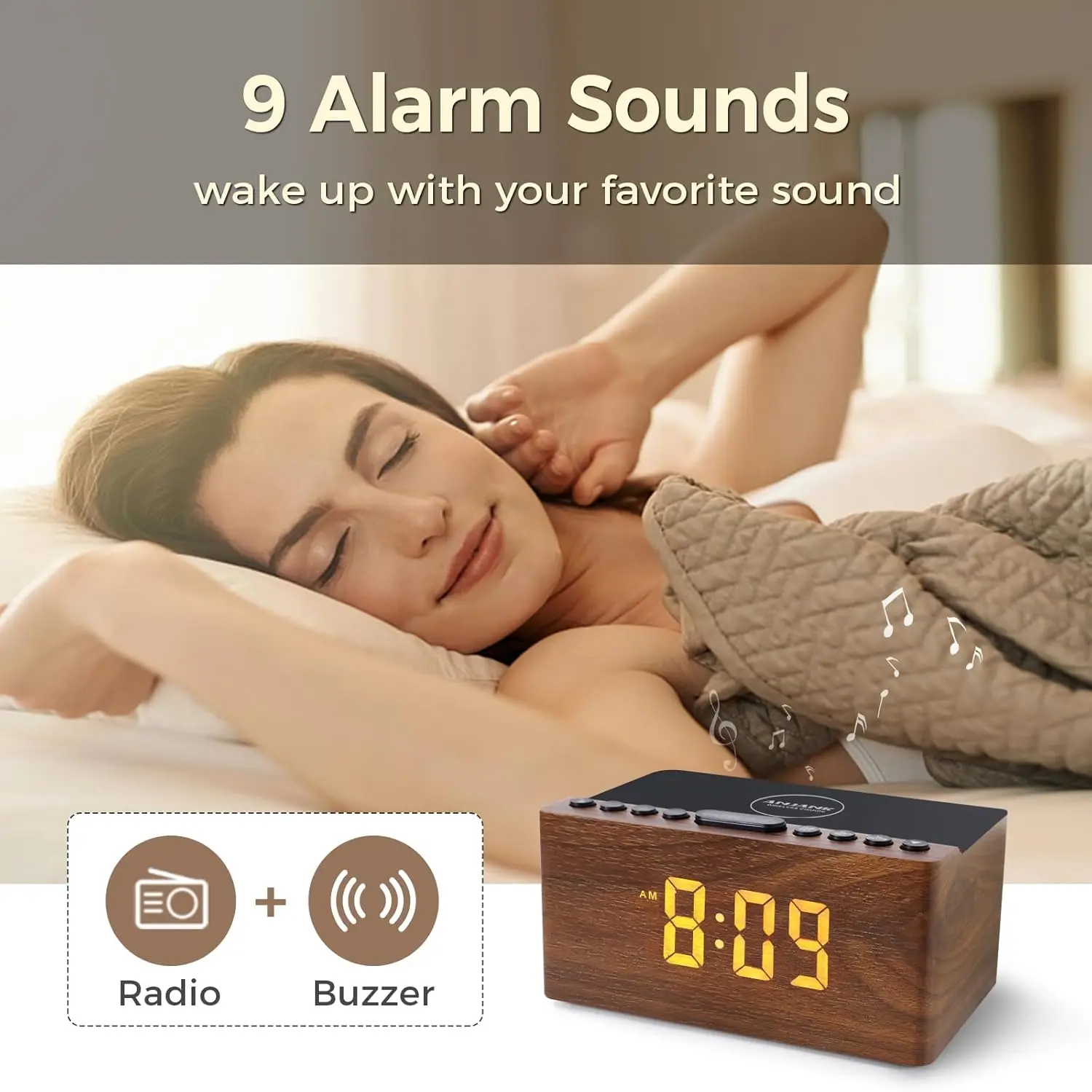 Wooden Digital LED Alarm Clock with FM Radio & Wireless Charger for iPhone/Samsung, 5-Level Dimmer, USB Port, Sleep Timer 6