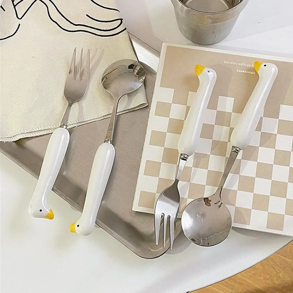 Red Cartoon Stainless Steel Spoon Goose Head Tableware Set Portable Ceramic Handle Cute Cat Claw Spoon Fork High Color Value