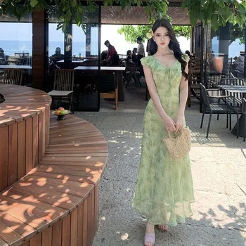 Elegante Abito Floreale Stile Francese da Donna, Nuovo Vestito Estivo con Maniche a Volant, Gonna a Fiori Delicata, Abito a Trapezio di Media Lunghezza