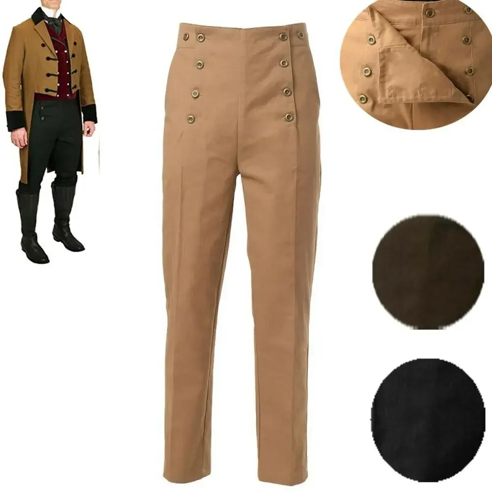 

Men Steampunk Victorian Pants Historical Regency High Waist Fall Front Trousers Retro Medieval Suspenders Overalls